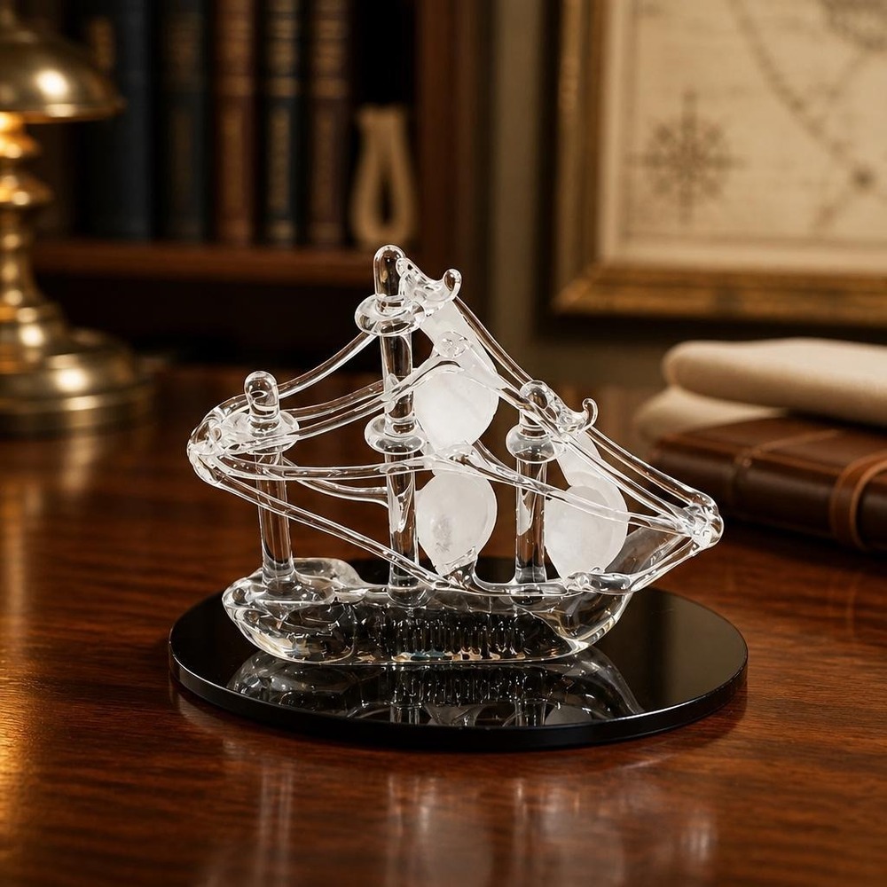 Vintage Clear Spun Glass Sailing Ship on Blue Glass Base